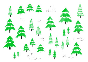 Hand drawn watercolor green tree illustration set　手書きの木と森のイラストセット