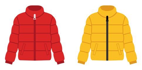 Colorful Puffer Jackets: A pair of vibrant puffer jackets, one a rich red and the other a sunny yellow, offer warmth and style, perfect for cold weather adventures. 