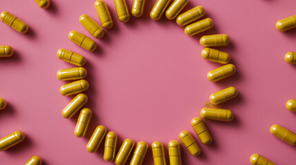 Obraz premium Yellow Herbal Supplement Capsules Forming Circular Frame on Pink Background, Vitamins and Wellness Concept, Healthcare and Nutrition Minimal Flat Lay