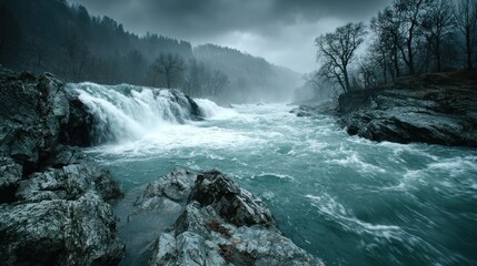 A dramatic waterfall cascading into a wide, turbulent river under a moody sky