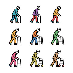 Colorful illustration depicting elderly people walking with canes and walkers