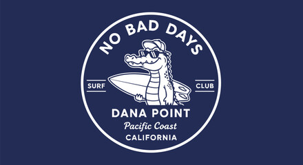Fototapeta premium Fun Cartoon Alligator Surfer Logo for Surf Club in Dana Point, California.