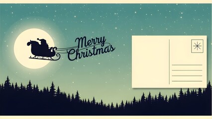 Retro Christmas postcard with Santa&rsquo;s sleigh silhouette flying across a starry night sky, festive vintage style