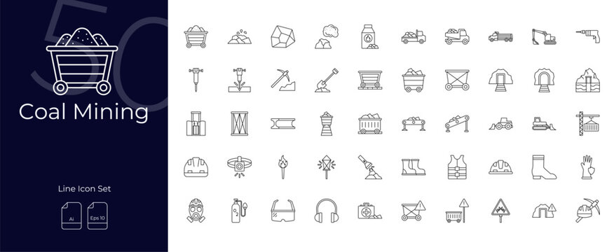 Coal Mining Line Editable Icons set