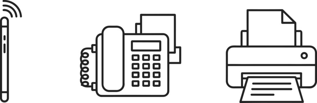 Vector set of minimalist thin line icons featuring a smartphone with signal landline office telephone fax machine and inkjet printer for business communication and document hardware