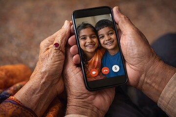 Elderly hands holding smartphone showing happy children on video call