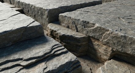Close-up of layered, gray rock formations with deep crevices