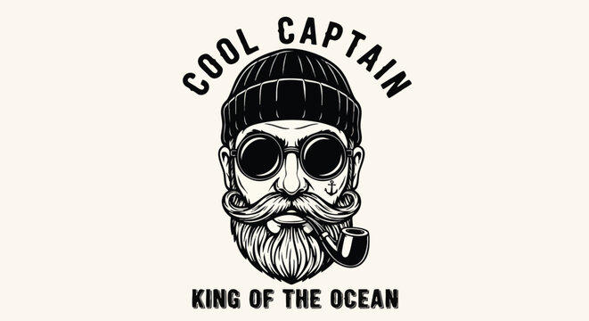 Illustration of a cool captain with a beard, pipe, and sunglasses, text "King of the Ocean".