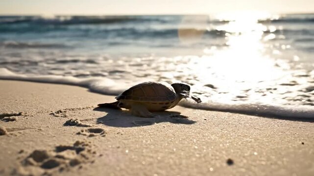 Baby sea turtle makes its way to the ocean from the sandy beach as waves crash at sunset