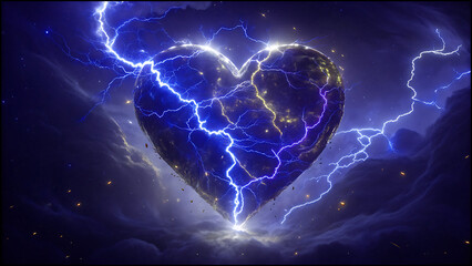 A powerful blue colour heart shape formed by crackling white lightning, illuminated against a dark stormy sky, symbolizing intense emotion, energy, and passion fused with the raw force of nature.