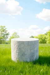 Solid Stone Cylinder Platform on Lush Green Grass Under a Picturesque Cloudy Sky for Cosmetic Brand Mockups