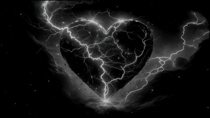 A powerful black colour heart shape formed by crackling white lightning, illuminated against a dark stormy sky, symbolizing intense emotion, energy, and passion fused with the raw force of nature.