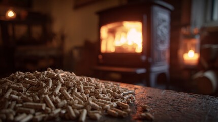 Close-up of wood pellets on a rustic surface with a glowing fireplace in the background, creating a warm, cozy atmosphere