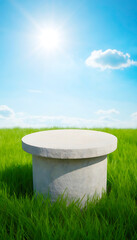 Unique Stone Pedestal with Wide Top Surface in a Sunny Green Field for Creative Product Presentation