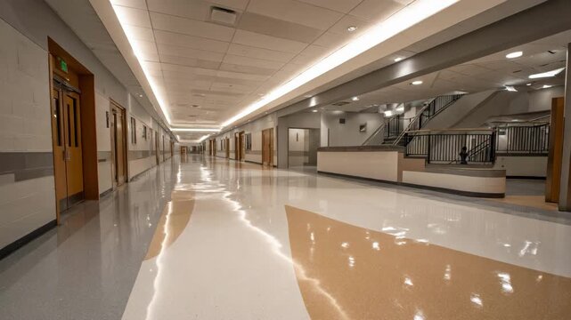 Medium shot of a spacious hallway with wide spacers designed to accommodate wheelchair navigation comfortably and without obstruction.