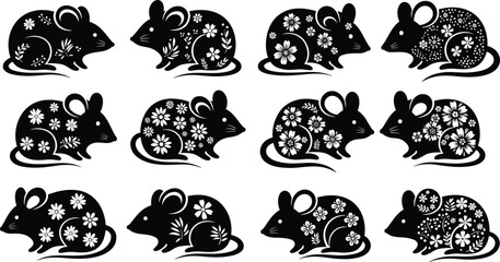 Decorative mouse silhouette vector set with floral botanical patterns for Chinese New Year lunar zodiac animal themes and elegant nature-inspired graphic designs. © Priyanka