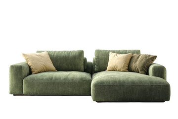 Fototapeta premium Plush modular green sectional sofa featuring comfortable accent pillows for modern living spaces on transparent background