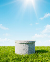 Tall Cylindrical Stone Stage with Flat Top in a Sunlit Green Meadow for Organic Product Branding