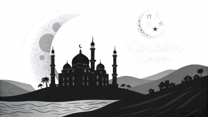 Ramadan Kareem greeting with mosque silhouette under crescent moon