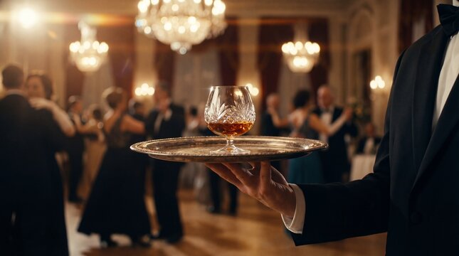 Waiter Holding Cognac Glass on Silver Tray in Luxury Ballroom Gala