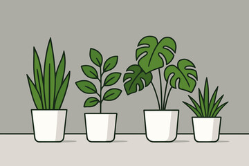 Obraz premium Modern Plant Decor. Minimalist interior with bright green plants arranged in clean vector illustration white pots against a