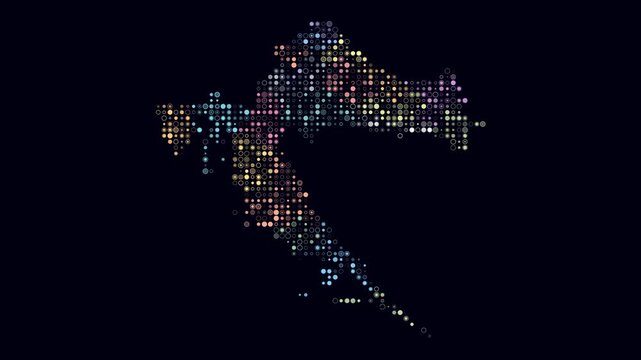 Croatia map animation. Shape of the country with pulsating colored dots. Small size circle blocks. Digital style Croatia map on dark background. Abstract video.