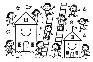 Whimsical School Adventure. Whimsical doodle education scene with smiling school buildings, cheerful students climbing cartoon