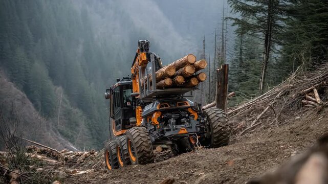 Autonomous pad grabber machine lifting and transporting logs on a rugged terrain showcasing enhanced safety in timber handling operations.