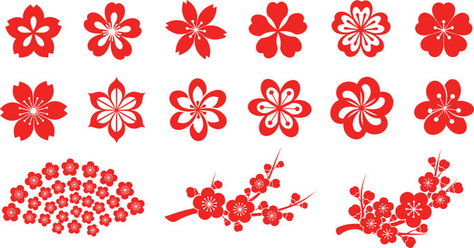 Red cherry blossom and plum flower vector set with blooming branches for traditional Japanese patterns lunar new year spring season and floral backgrounds.