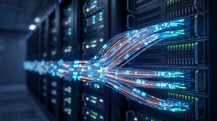 Glowing Fiber Optic Cables Connected to Server Rack in Data Center