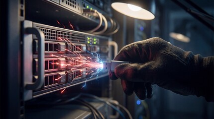 Hacker Hand Inserting Malicious USB Drive Into Server Rack With Electric Sparks