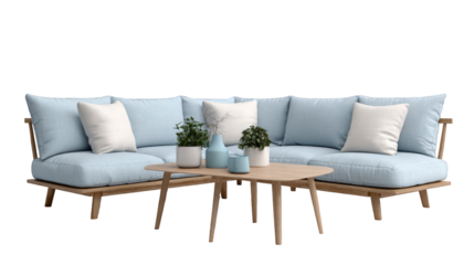 Modern outdoor sectional sofa with light blue cushions and wooden frame featuring plants and vases on transparent background