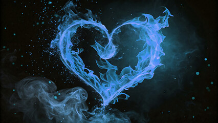 A glowing abstract heart shape formed from flowing neon energy and luminous particles, blending  blue flame hues to create a magical, futuristic symbol of love and emotion.