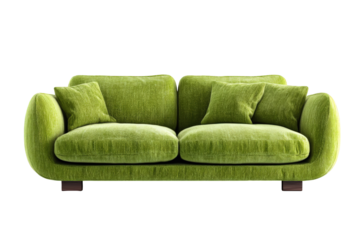 Luxurious modern lime green textured fabric sofa with plush throw pillows rendered beautifully on transparent background