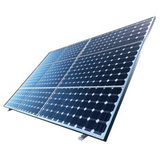 Isolated Solar Panel Displaying Blue Toned Cells Against Transparent Background with Metallic Frame and High Angle View