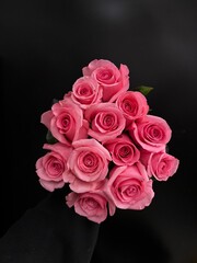 bouquet of a dozen pink roses on black background