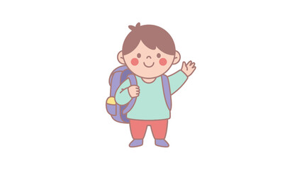 Obraz premium A young child with a backpack waving, standing alone, and smiling happily with a friendly gesture.