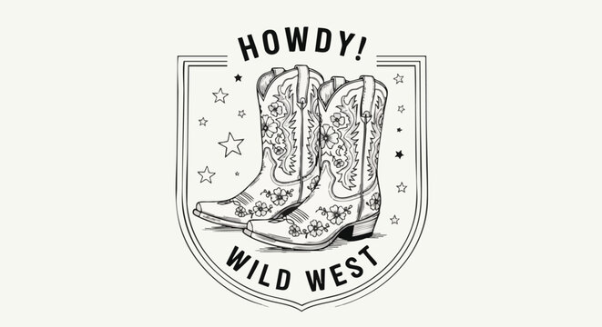 Retro Style "Howdy" and "Wild West" Text with Cowboy Boot Illustration with Floral Detail.