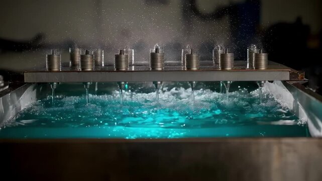 Medium shot showcasing detailed view of electrodes and aluminum sheets immersed in electrolytic baths during a refining cycle emphasizing the chemical purification reaction