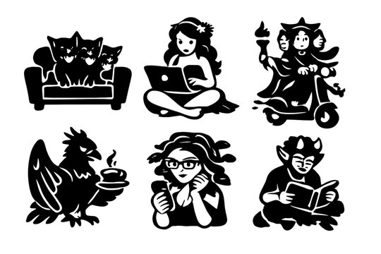 Mythological Everyday Icons. Solid vector icons of mythology in everyday life: mini-Cerberus on sofa, Aphrodite with laptop,