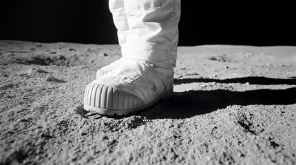 Astronaut Boots Standing on Dusty Lunar Surface Black and White