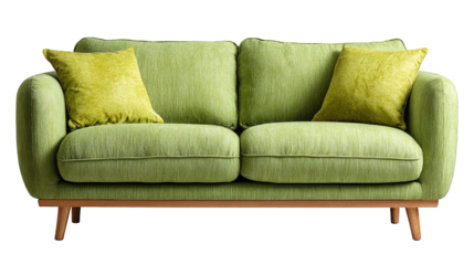 Stylish mid century modern two seater sofa upholstered in textured light green fabric with accent pillows on transparent background