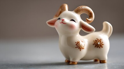 A small white goat figurine with golden horns and floral designs