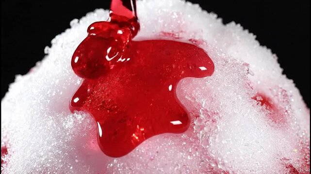 Red syrup pouring onto fluffy shaved ice in slow motion