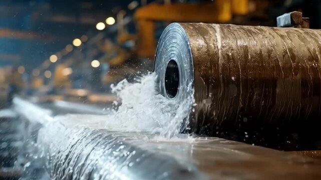 Medium shot of chemical cleaning on steel surface showing foam application and impurity removal with precision for enhanced material quality before rolling.