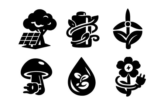 Nature-Tech Icons. Solid style icons of Nature + Technology: tree solar panel, vine battery, leaf windmill, mushroom plug, seed