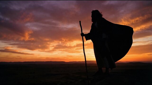 Ancient Biblical Prophet Standing Alone Against Horizon Light Silhouette, Spiritual Messenger and Wilderness Concept, 4K Video
