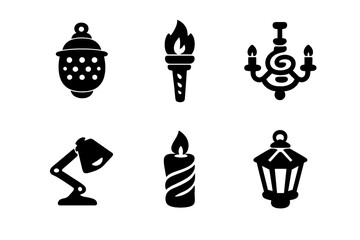 Obraz premium Geometric Light Icons. Solid style icons of Geometric Lights: lantern dot, torch stripe, chandelier spiral, lamp zigzag, candle