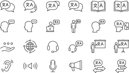 Professional language translation service icons featuring simultaneous interpretation headsets, call center support, online dictionary, global communication, voice recognition