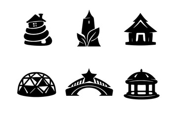 Fototapeta premium Creative Building Icons. Solid style icons of Creative Buildings: cabin spiral, tower leaf, hut arrow, dome diamond, bridge star,